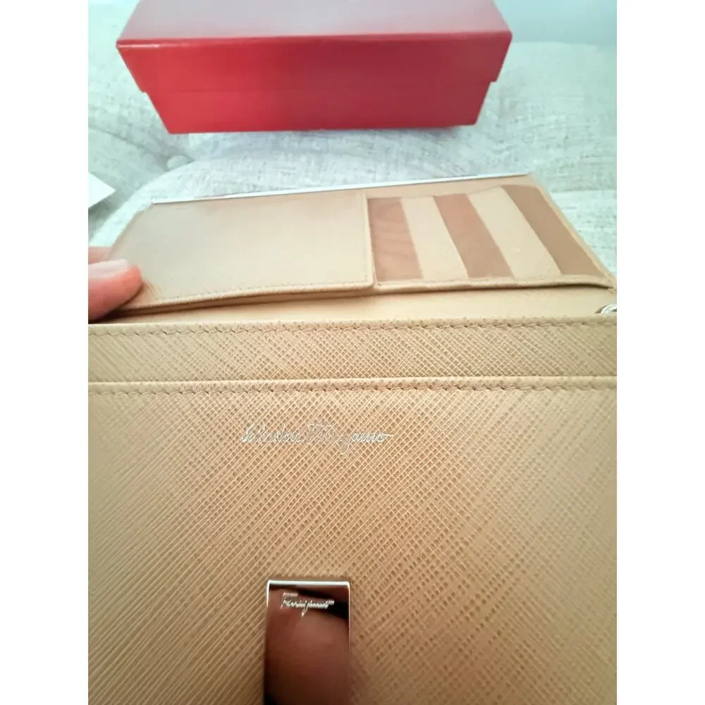 Salvatore Ferragamo Gancini Long Wallet – Beige Saffiano Leather Silver Hardware